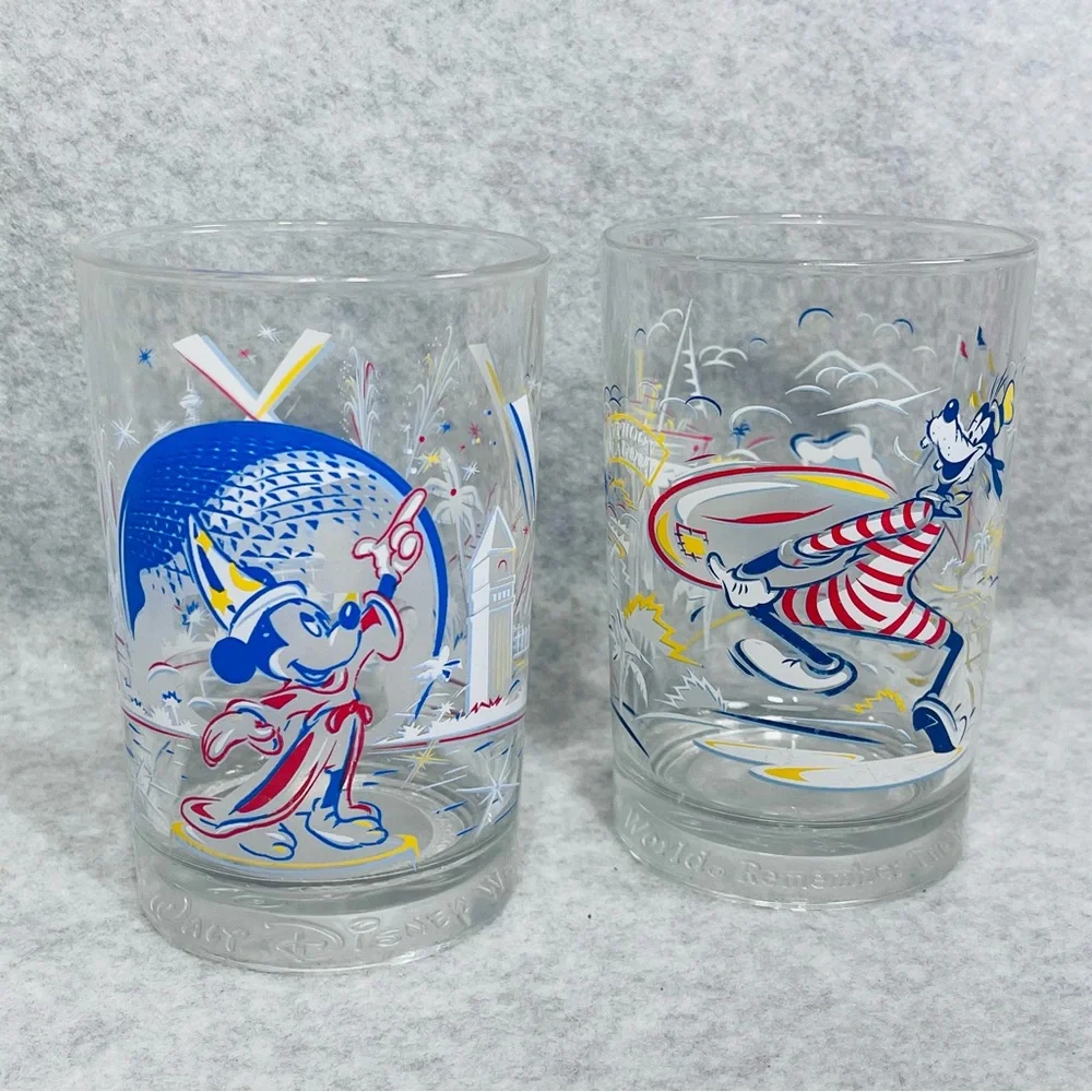 DISNEY World 25th‎ Anniversary Glasses Set of 2 Glass Cups Tumblers Goofy